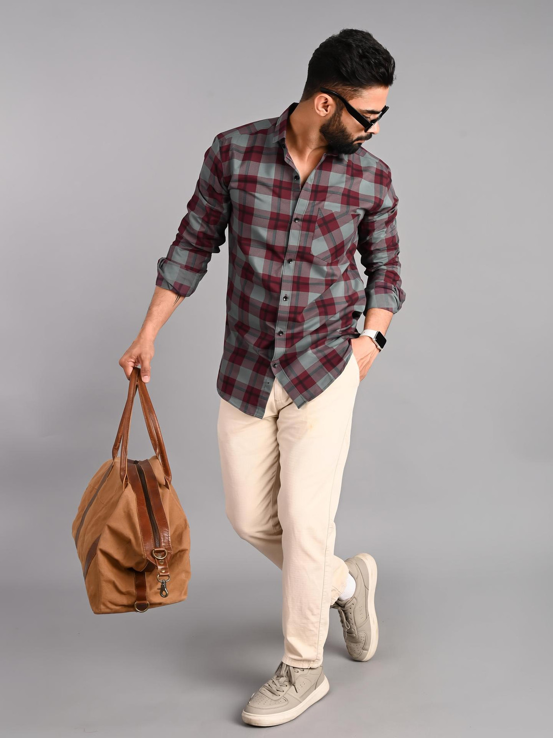 Image of Tanip Men Regular Fit Checkered Spread Collar Casual Shirt
