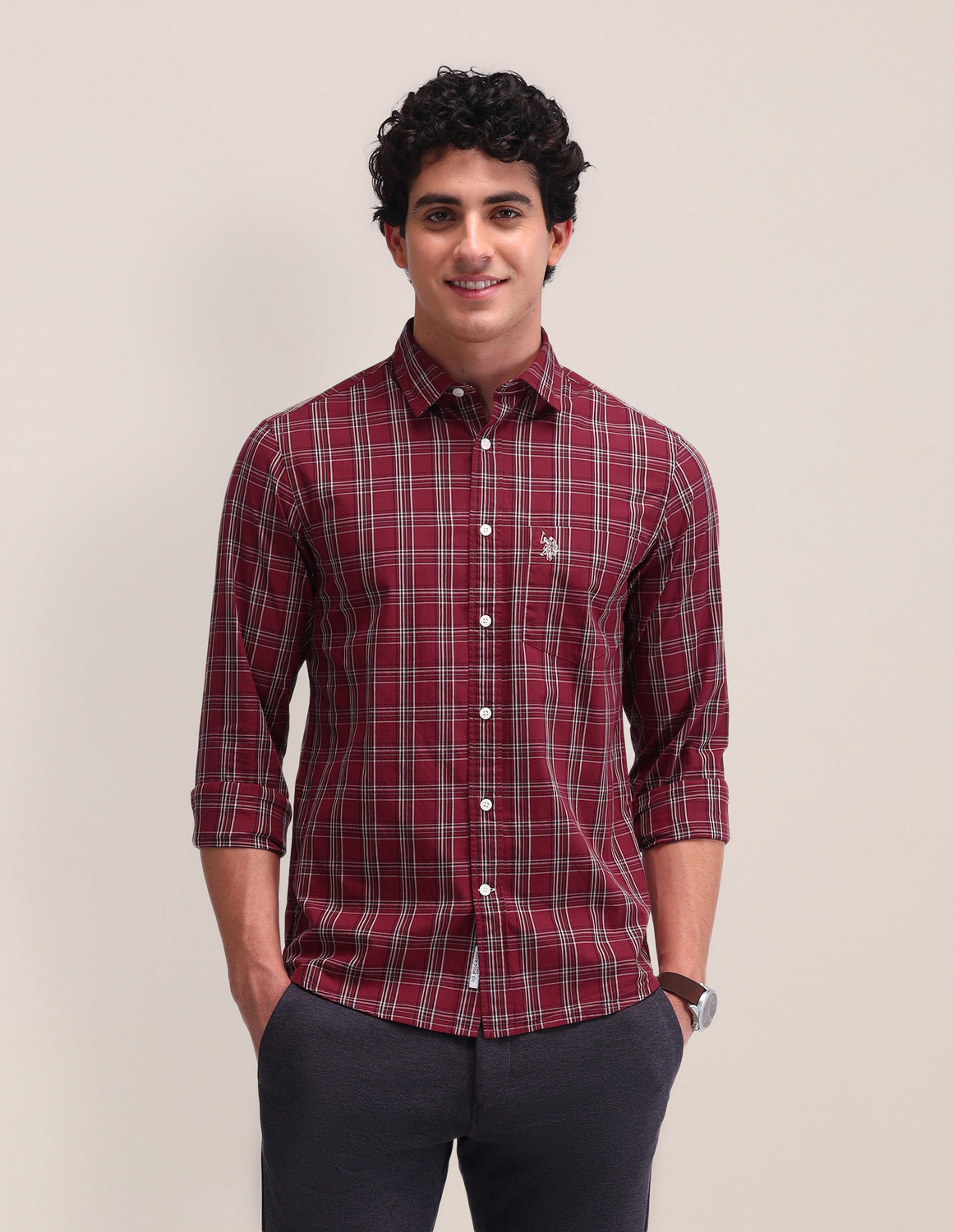 Image of U.S. POLO ASSN. Men Regular Fit Checkered Spread Collar Casual Shirt
