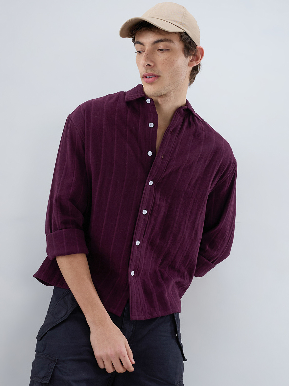 Image of VASTRADO Men Regular Fit Striped Cut Away Collar Casual Shirt