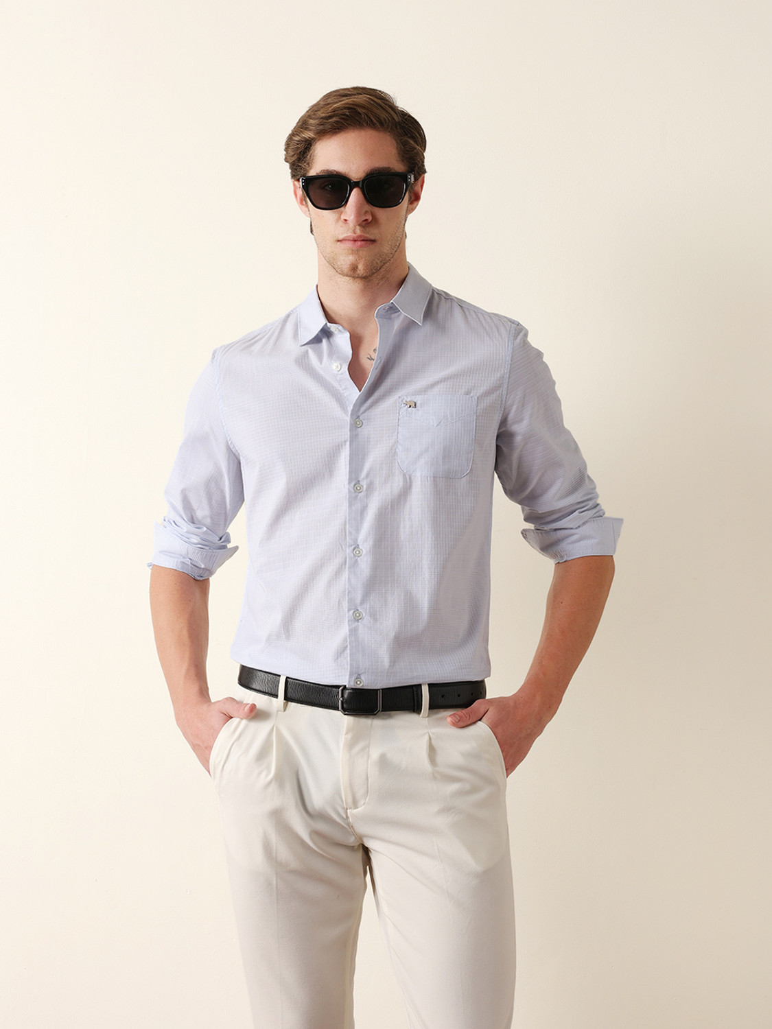 Image of THE BEAR HOUSE Men Slim Fit Solid Spread Collar Casual Shirt