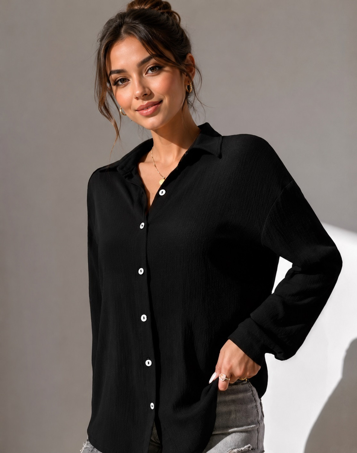 Image of SAARSHE Women Boxy Fit Solid Spread Collar Casual Shirt