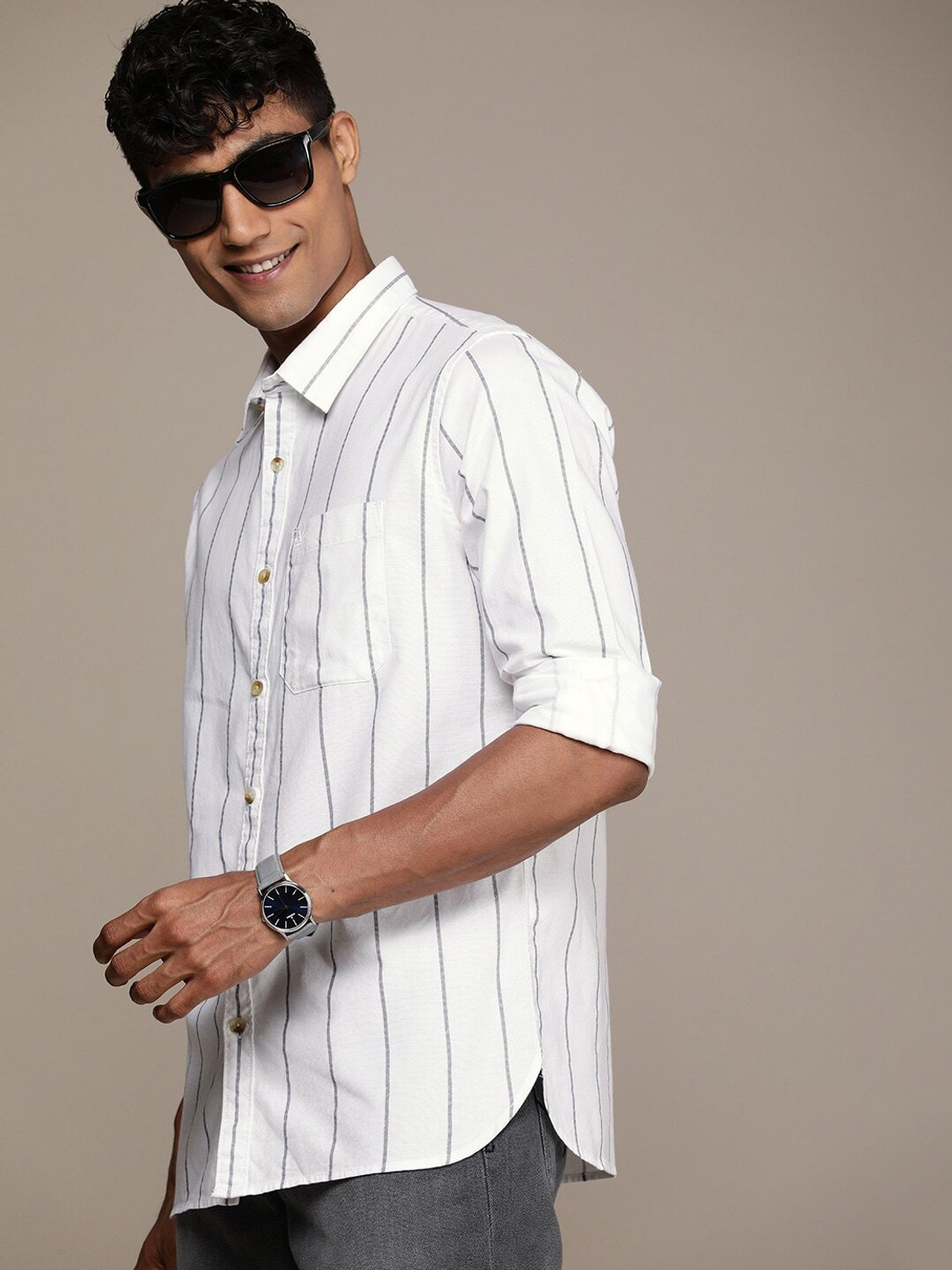Image of WROGN Men Regular Fit Striped Casual Shirt