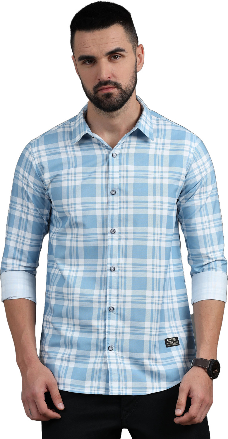Image of CAZZBA Men Regular Fit Checkered Cut Away Collar Casual Shirt