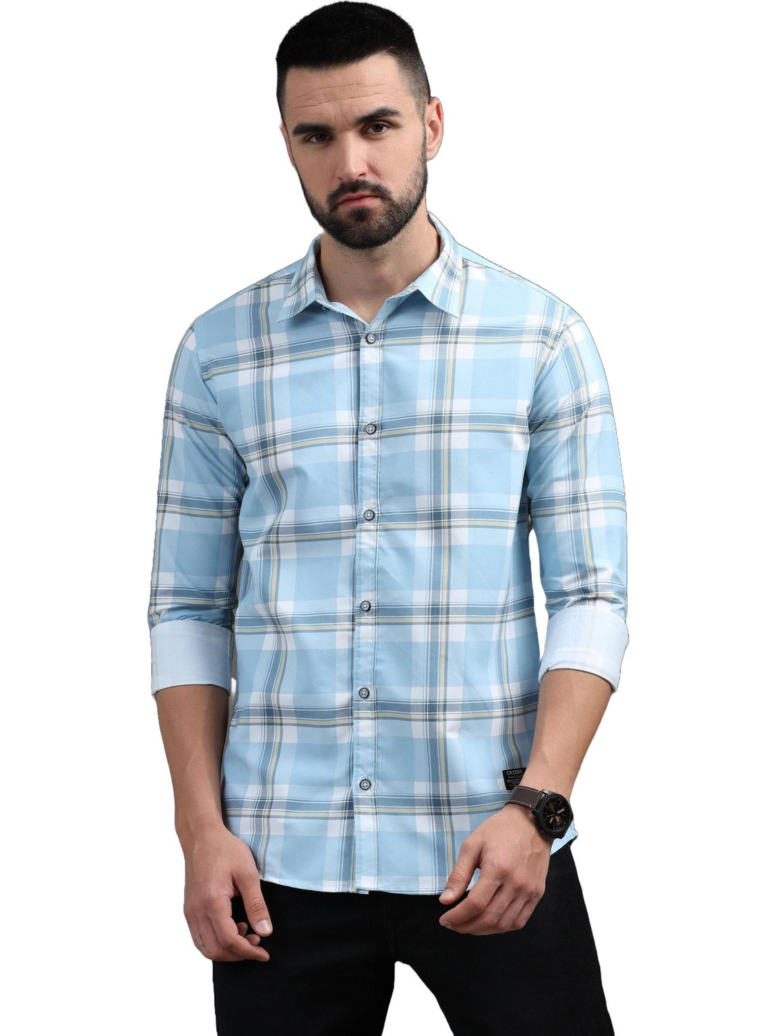 Image of CAZZBA Men Regular Fit Checkered Cut Away Collar Casual Shirt