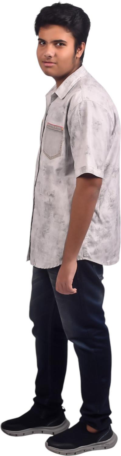 Image of aarom Boys Boxy Fit Graphic Print, Washed Spread Collar Casual Shirt