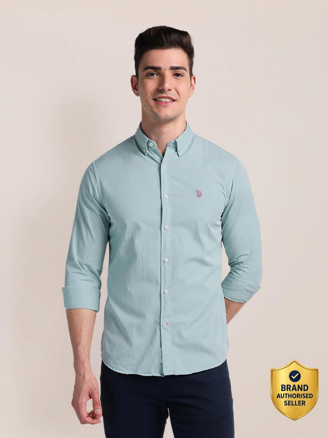 Image of U.S. POLO ASSN. Men Regular Fit Solid Cut Away Collar Casual Shirt