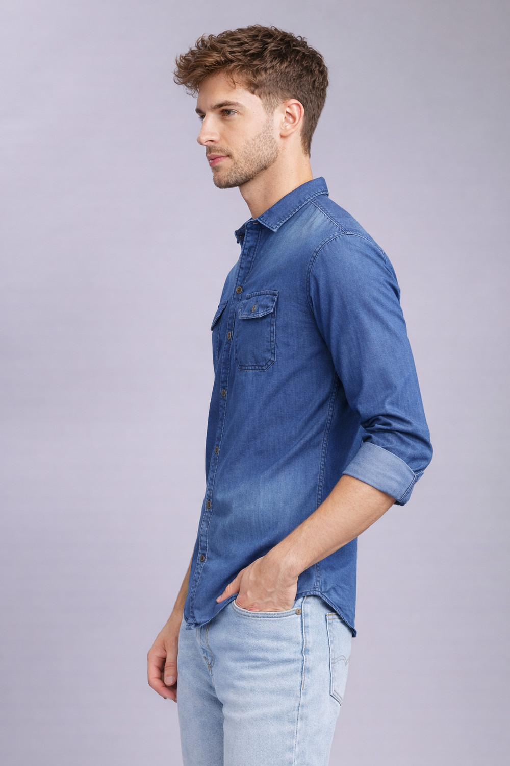 Image of AIDAN PAUL Men Regular Fit Washed Cut Away Collar Casual Shirt
