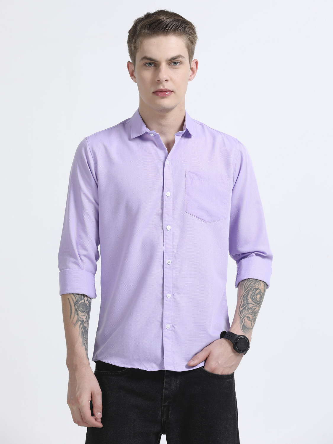 Image of PERCH Men Slim Fit Solid Button Down Collar Casual Shirt