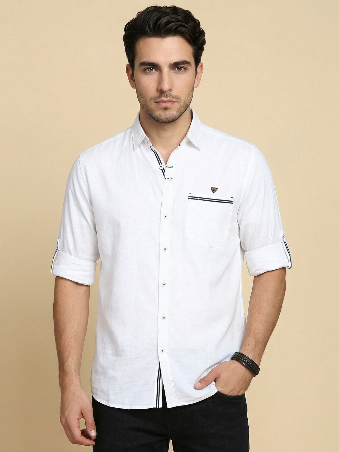 Image of Mast & Harbour Men Regular Fit Solid Casual Shirt