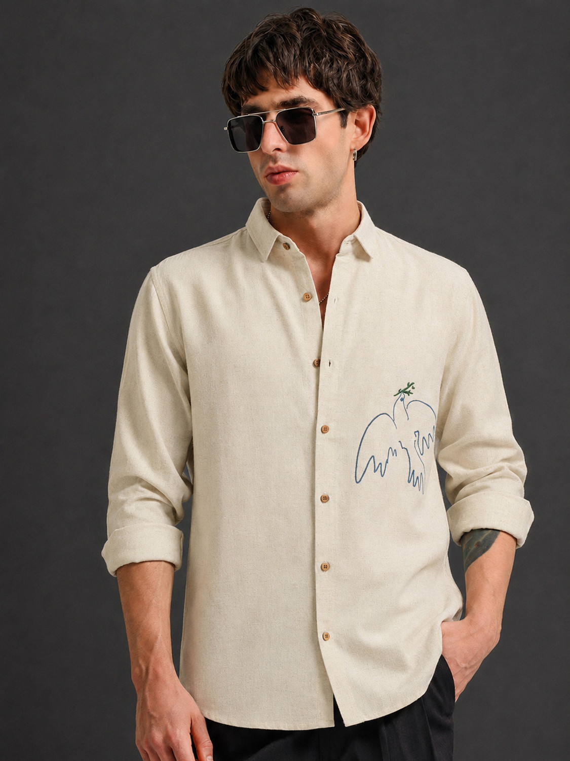 Image of COMBRAIDED Men Regular Fit Embroidered Spread Collar Casual Shirt