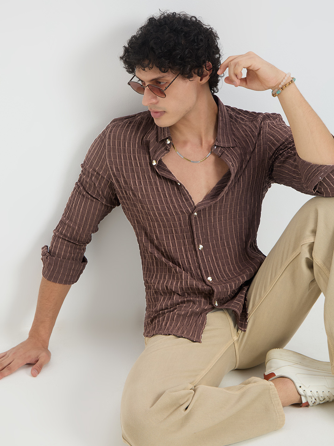 Image of VASTRADO Men Regular Fit Striped Cut Away Collar Casual Shirt