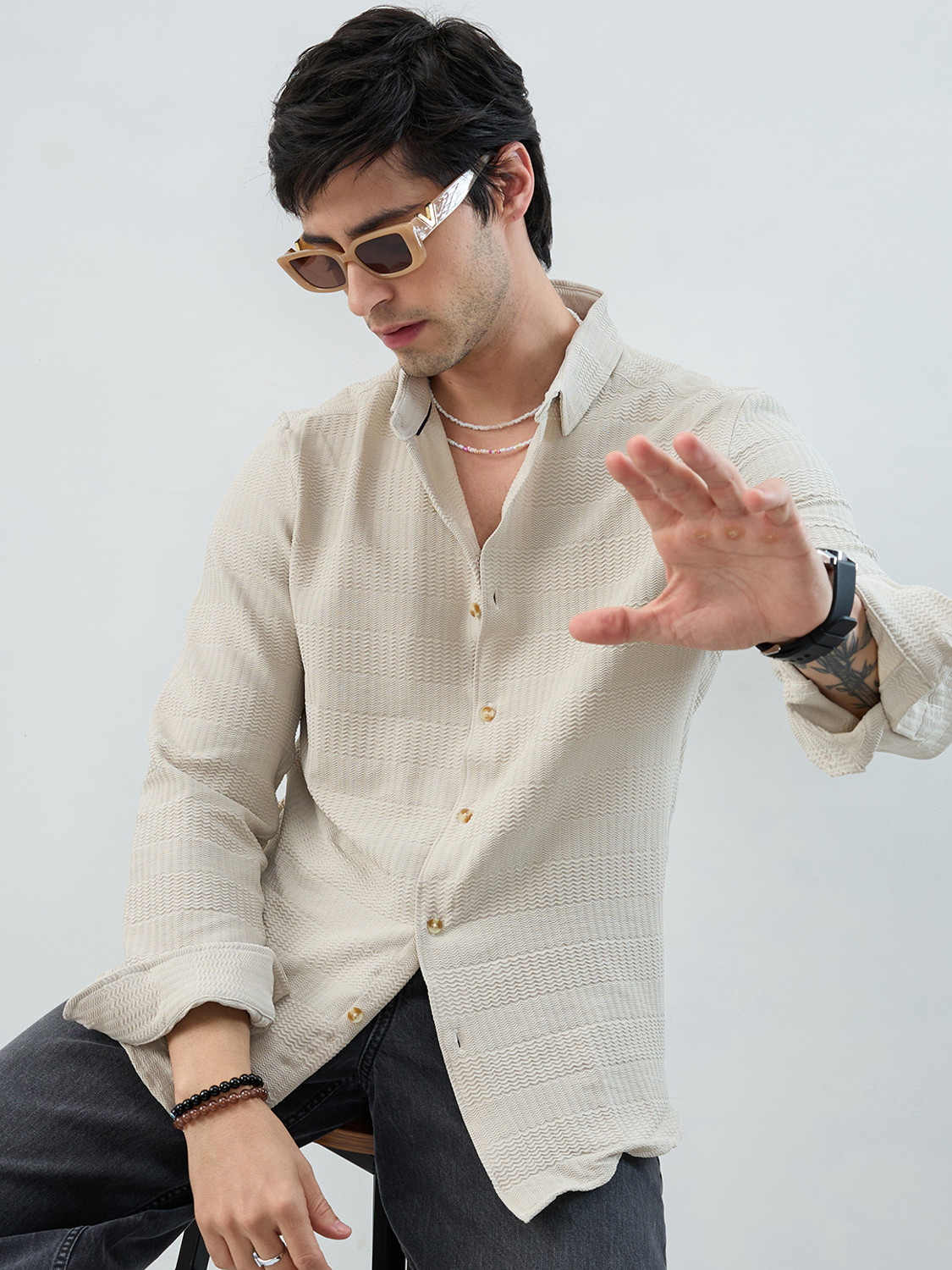 Image of VASTRADO Men Slim Fit Self Design Cut Away Collar Casual Shirt