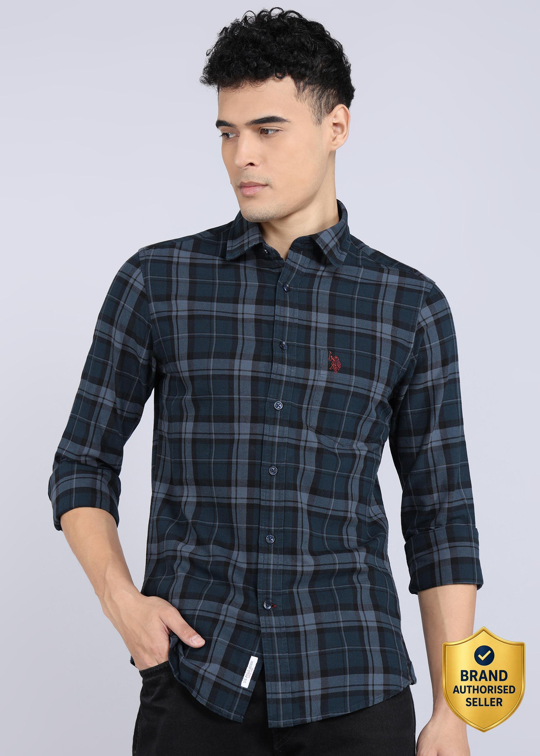 Image of U.S. POLO ASSN. Men Regular Fit Checkered Spread Collar Casual Shirt