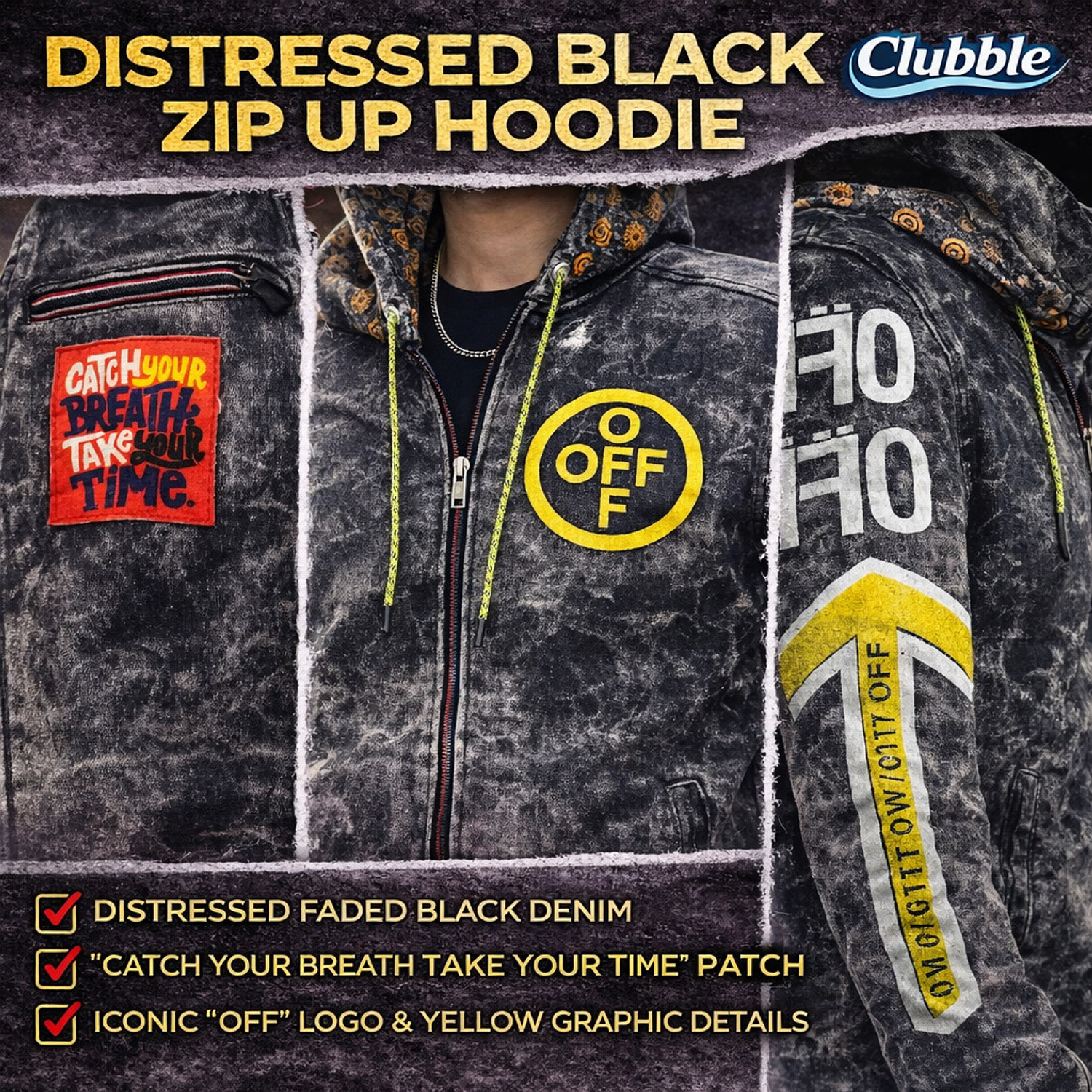 Image of Clubble Men Regular Fit Washed, Graphic Print, Printed Hood Collar Casual Shirt