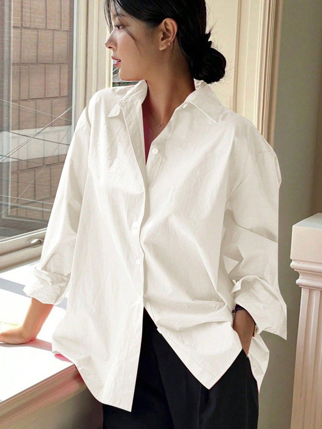 Image of SAARSHE Women Boxy Fit Solid Spread Collar Casual Shirt