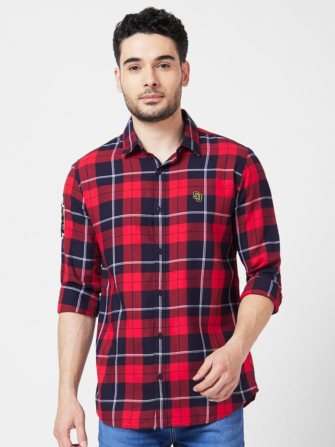 Image of Spykar Men Regular Fit Checkered Slim Collar Casual Shirt