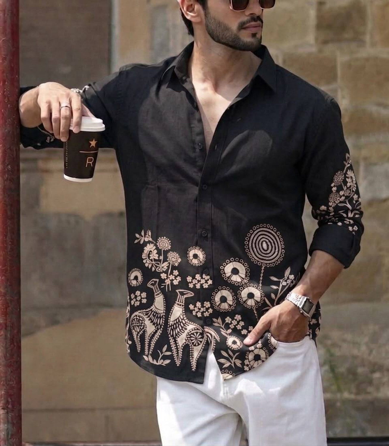 Zonly Men Floral Print Ribbed Collar Party Shirt - Image 1