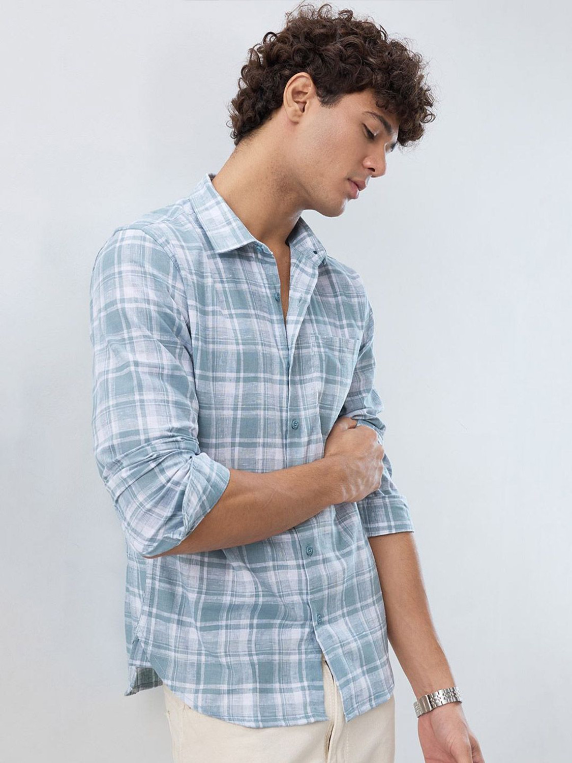 Image of Bushirt Men Regular Fit Checkered Spread Collar Casual Shirt