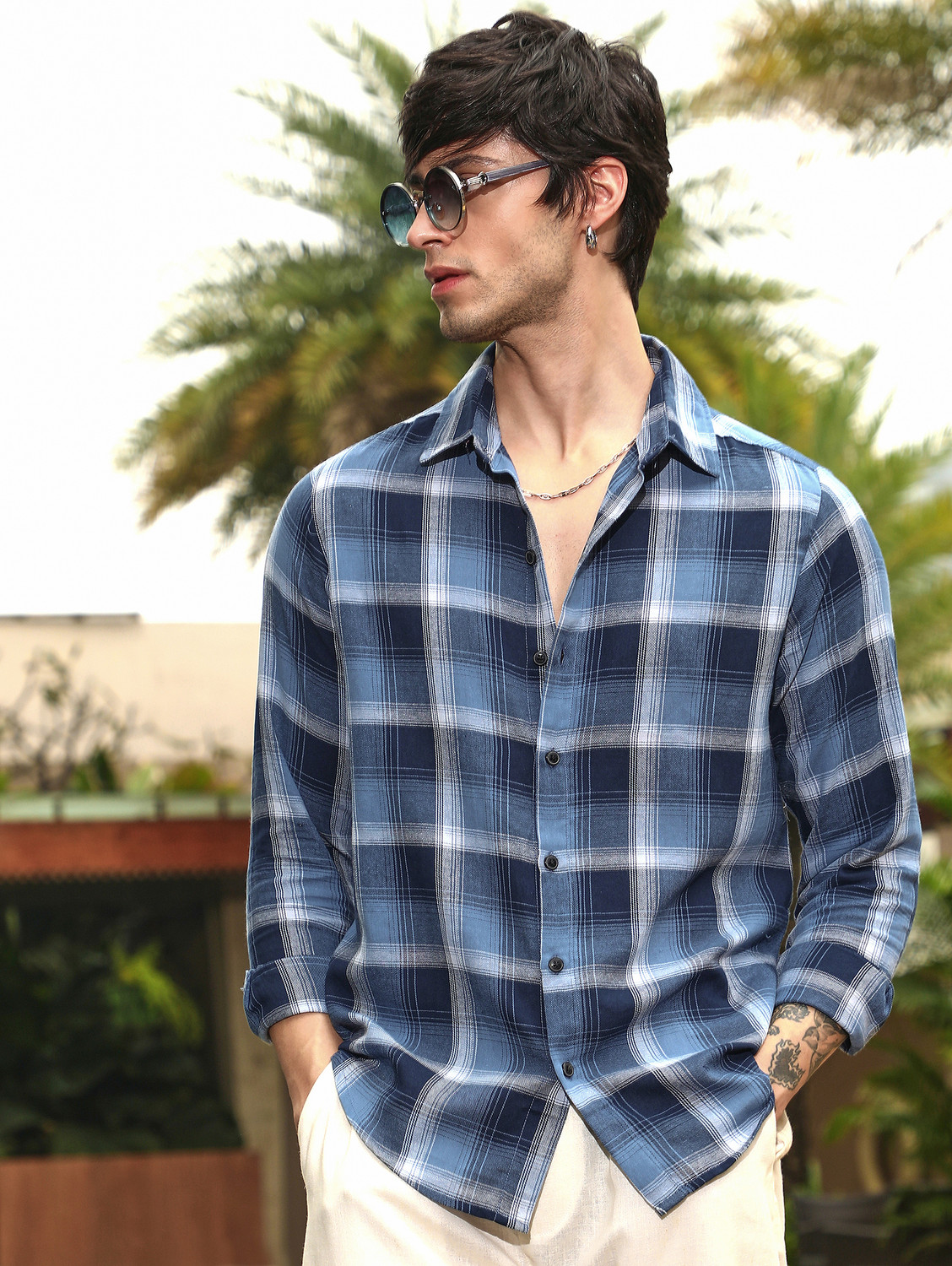 Image of UNSTD Men Regular Fit Cotton Checked Shirt | Full Sleeves Men Relaxed Fit Fit Striped Spread Collar Casual Shirt