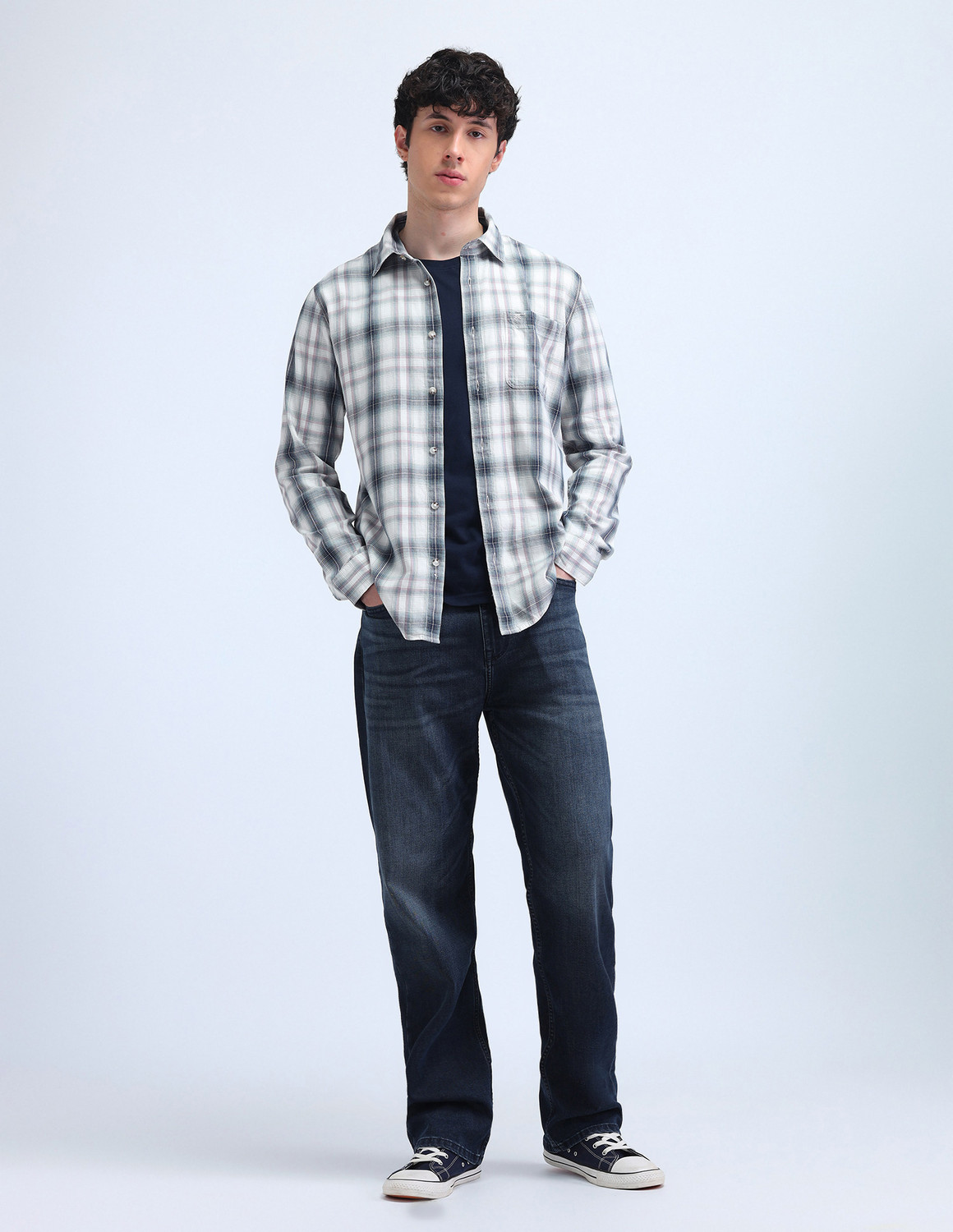 Image of FLYING MACHINE Men Slim Fit Checkered Spread Collar Casual Shirt