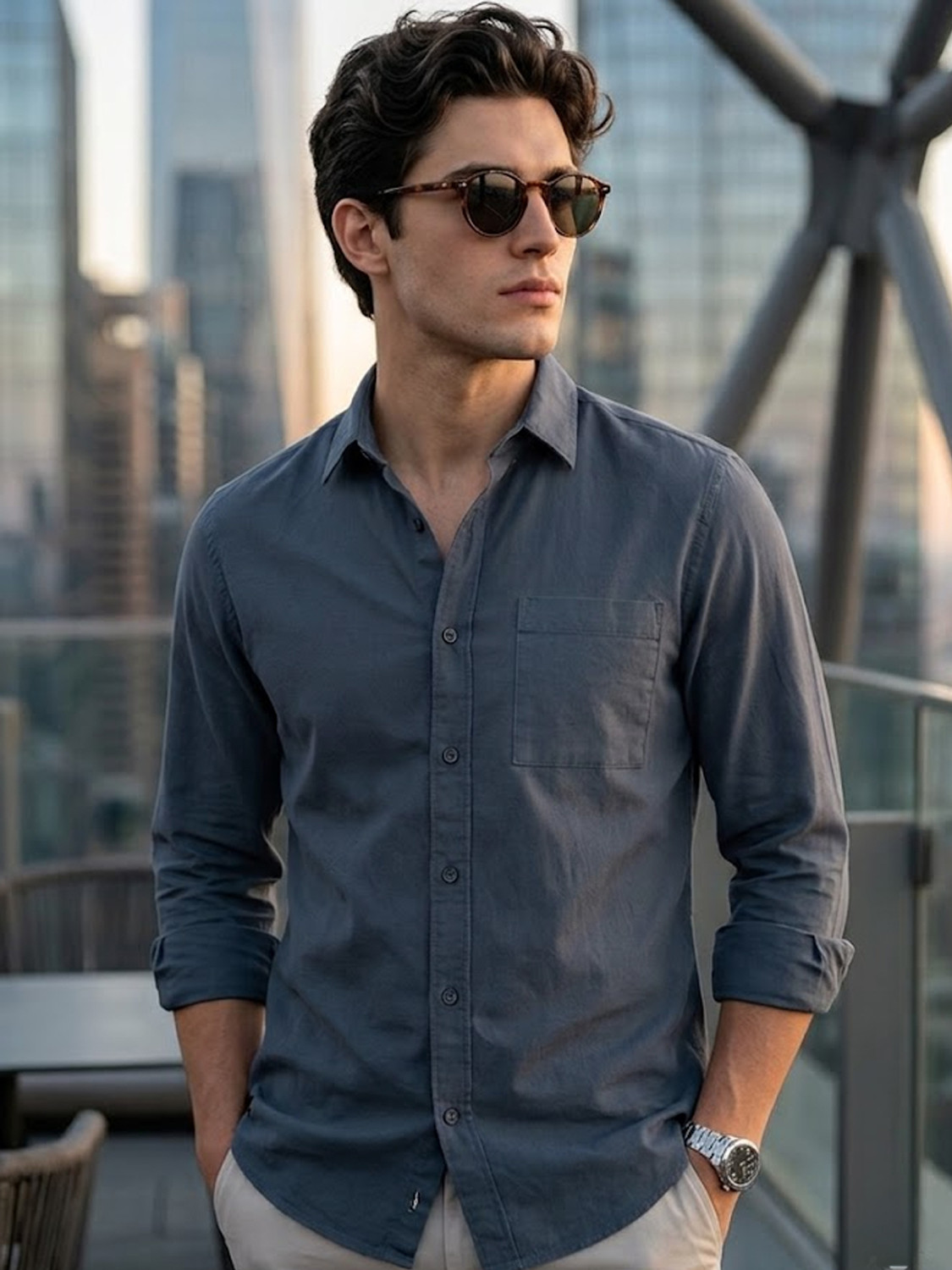 Image of PERCH Men Slim Fit Solid Button Down Collar Casual Shirt