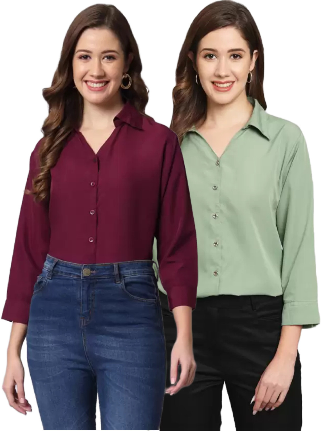 Image of GM SARA Women Regular Fit Solid Button Down Collar Formal Shirt (Pack of 2)