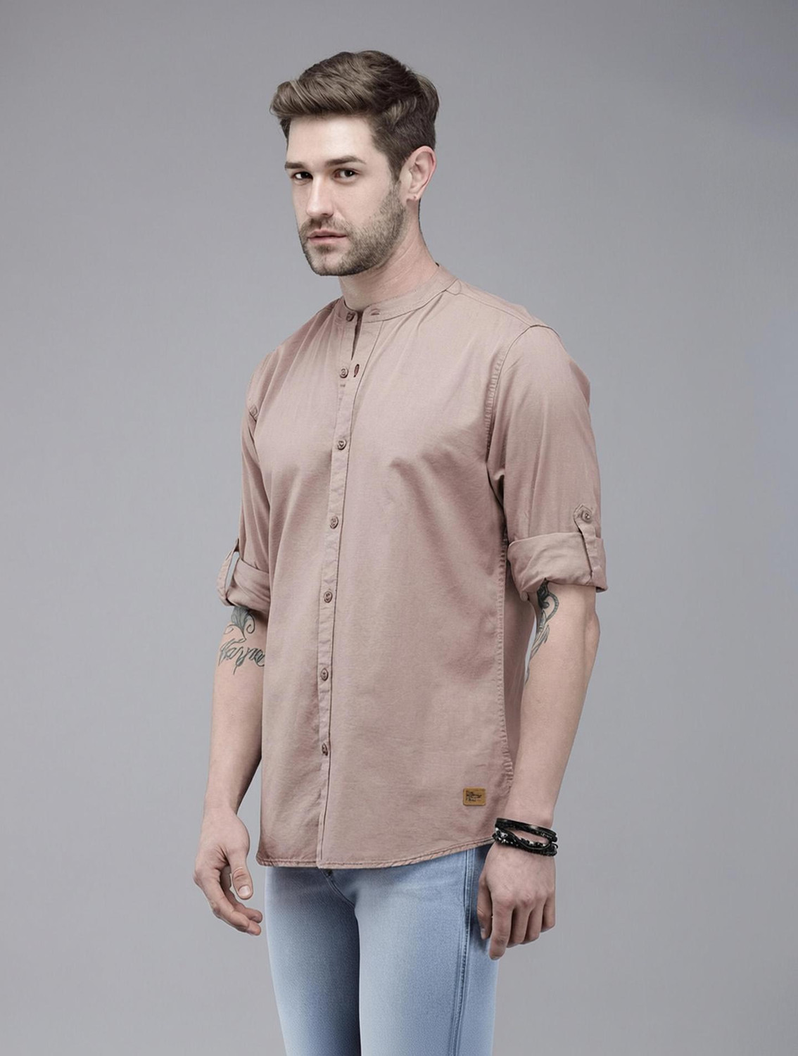 Image of Roadster Men Regular Fit Solid Mandarin Collar Casual Shirt