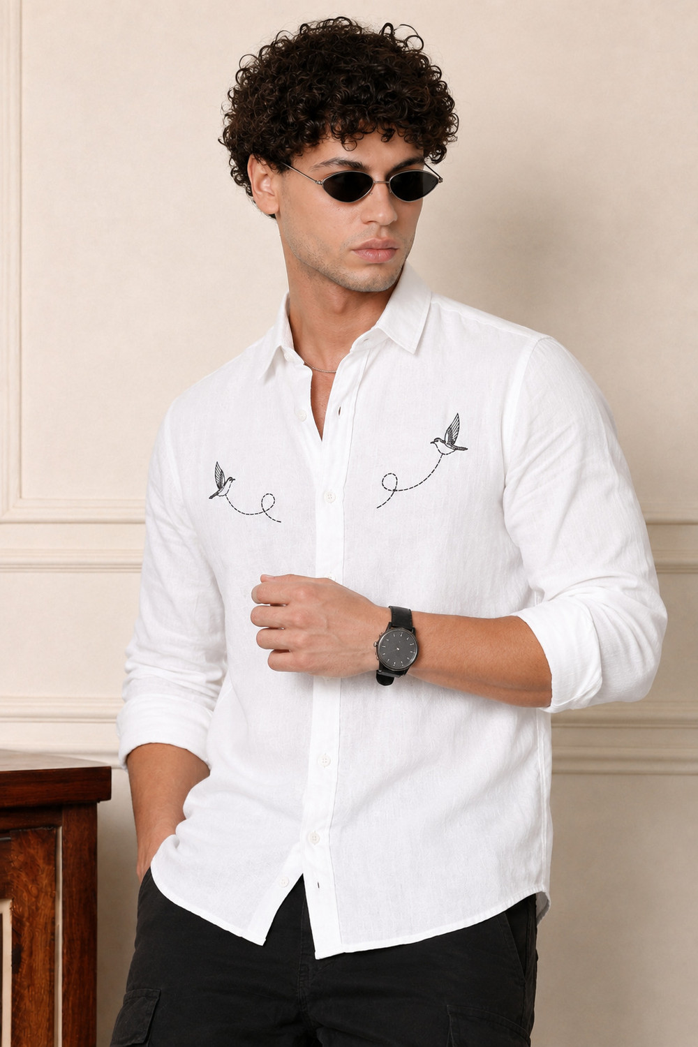 Image of COMBRAIDED Men Regular Fit Embroidered Spread Collar Casual Shirt