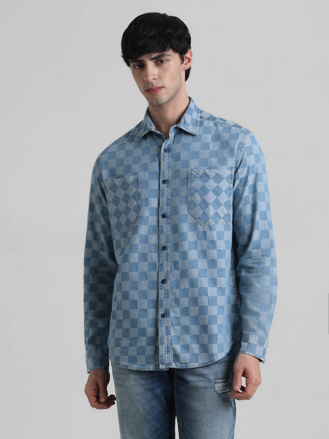 Image of JACK & JONES Men Regular Fit Checkered Spread Collar Casual Shirt
