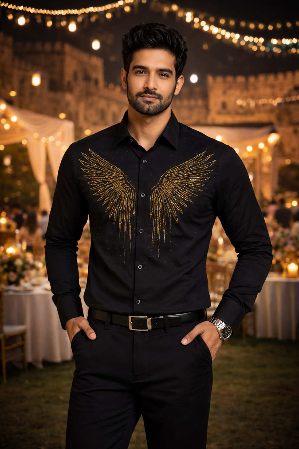 Image of MrDhoti Men Slim Fit Embellished Spread Collar Festive Shirt