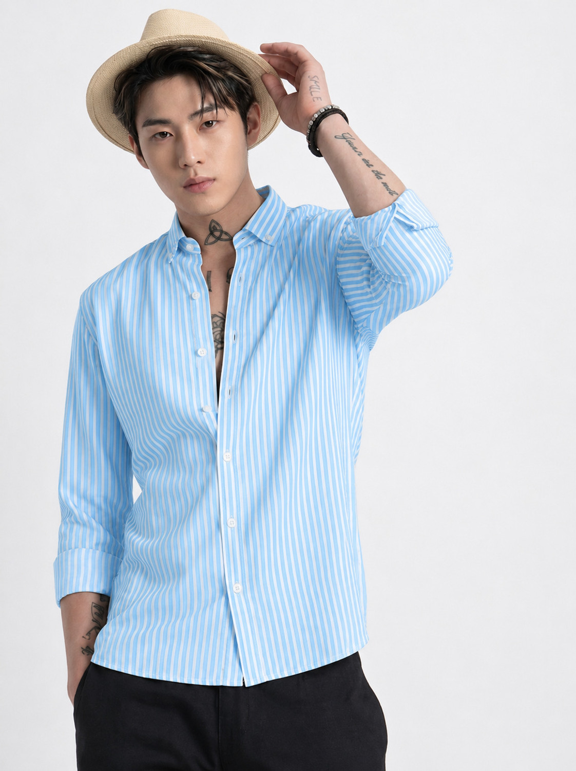 Mj fashion Men Striped Light Blue Shirt - Image 4