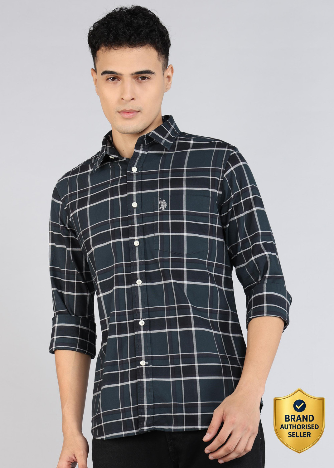Image of U.S. POLO ASSN. Men Regular Fit Checkered Spread Collar Casual Shirt