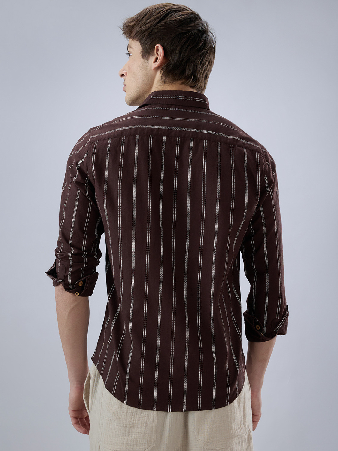 Image of VASTRADO Men Regular Fit Striped Cut Away Collar Casual Shirt