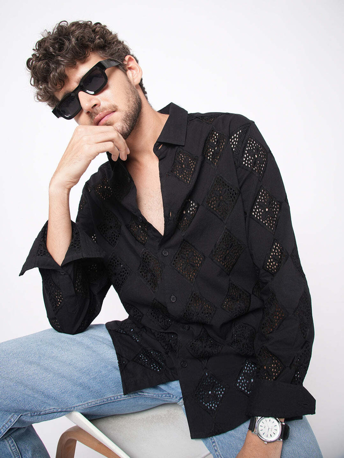 Image of VASTRADO Men Slim Fit Self Design Cut Away Collar Casual Shirt