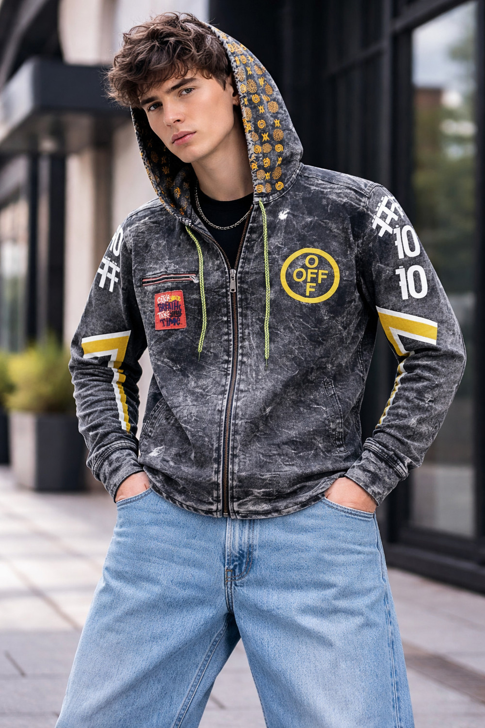 Image of Clubble Men Regular Fit Washed, Graphic Print, Printed Hood Collar Casual Shirt