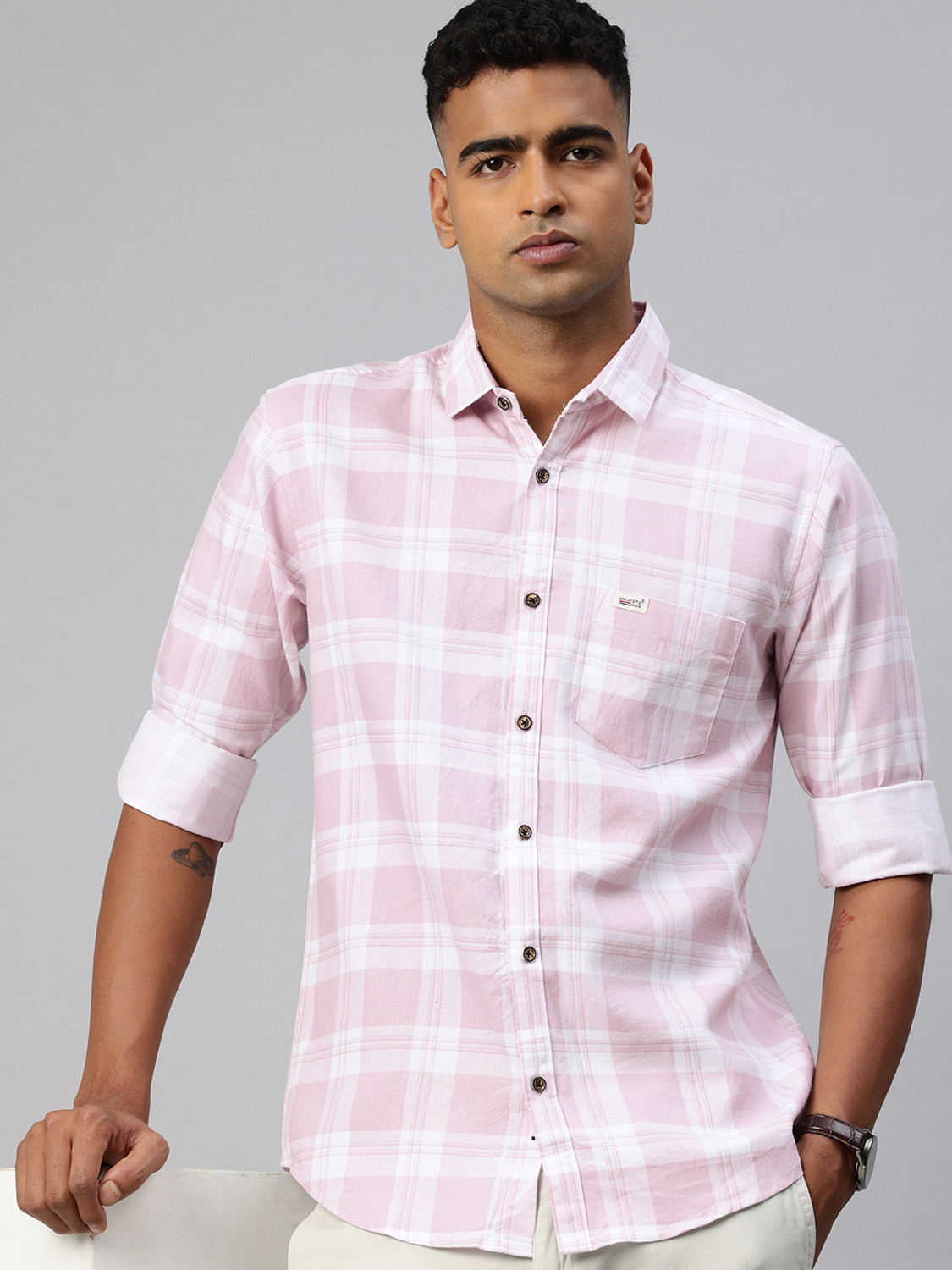 Image of Majestic Man Men Slim Fit Checkered Spread Collar Casual Shirt