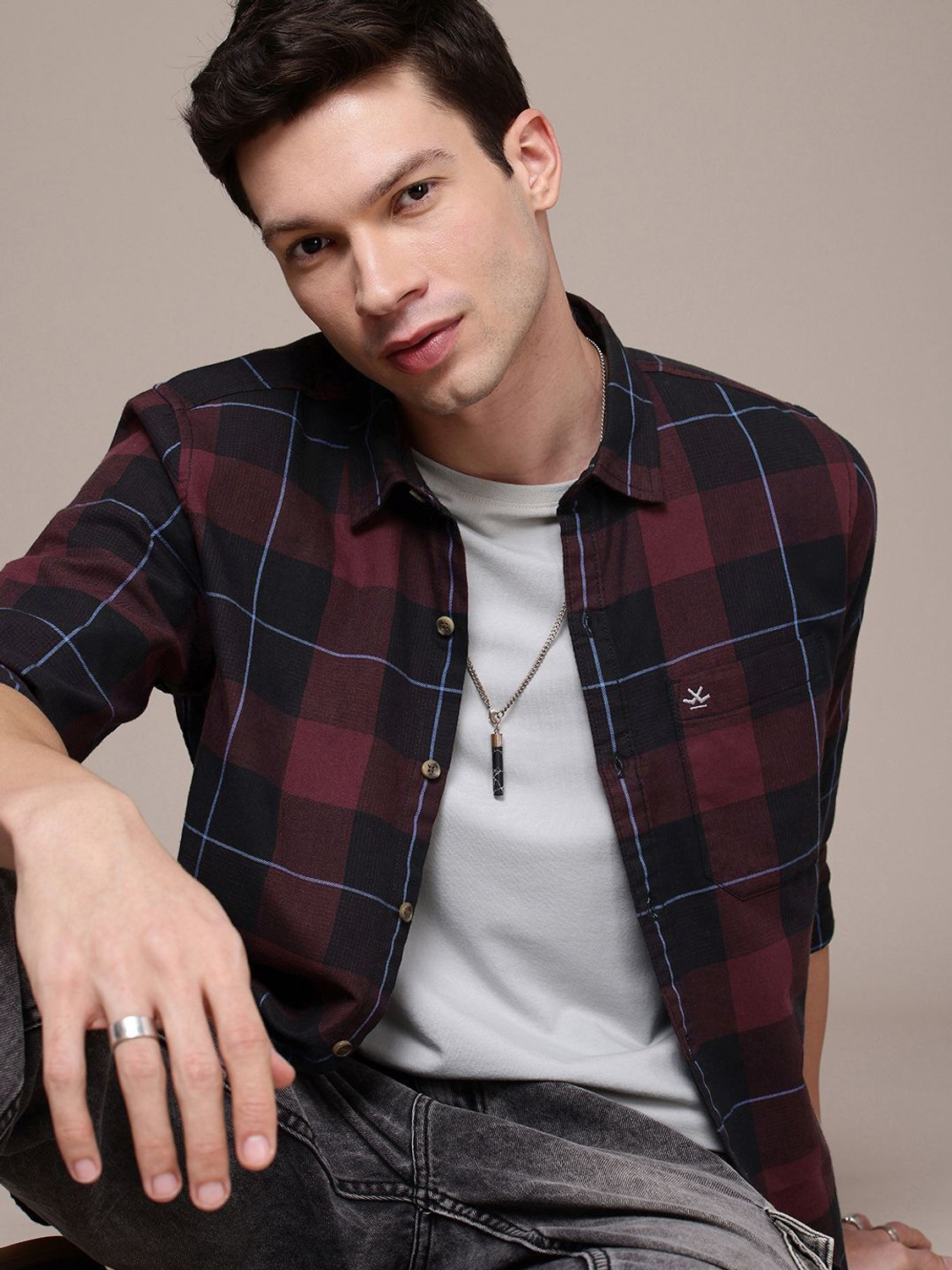 Image of WROGN Men Regular Fit Checkered Casual Shirt