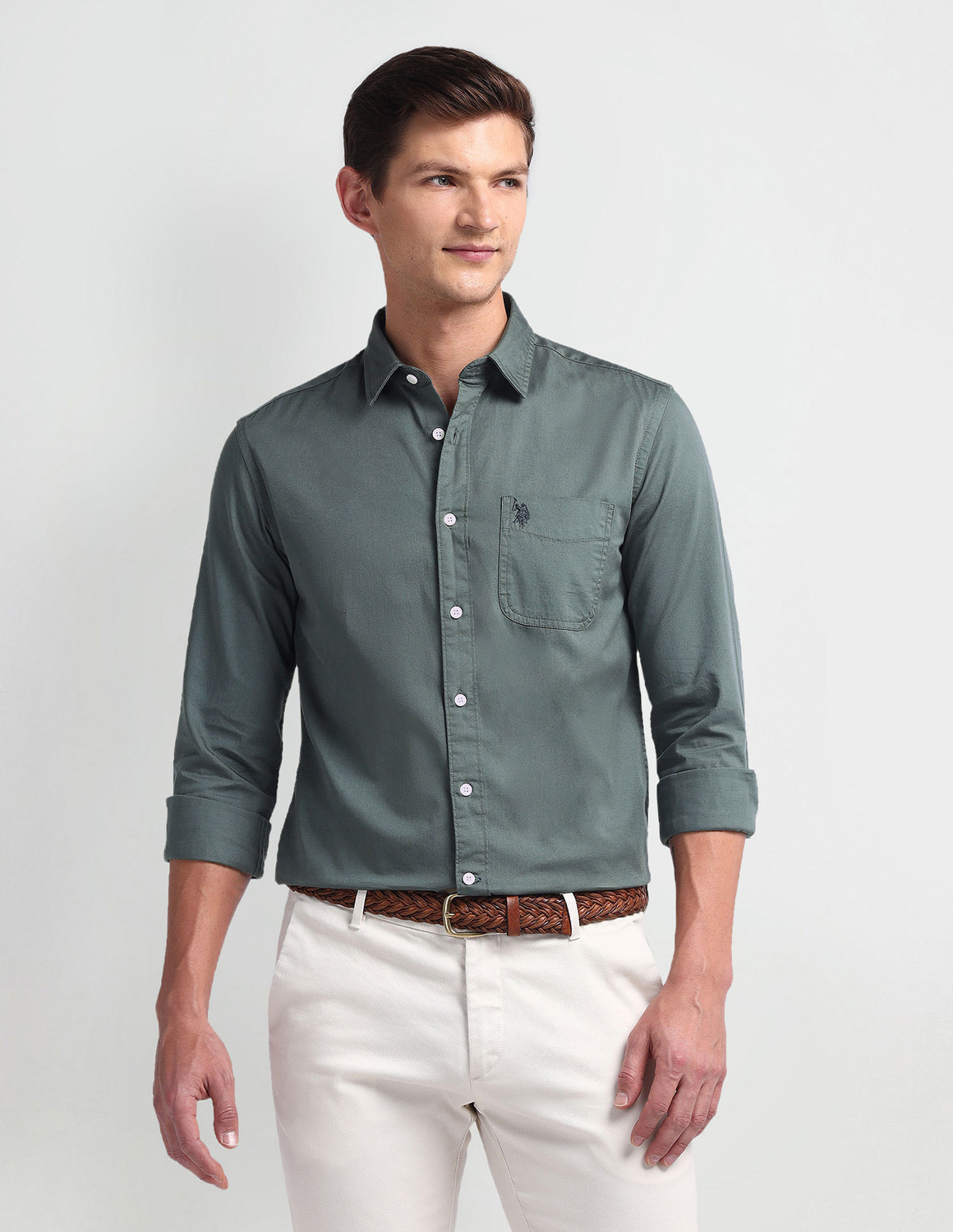 Image of U.S. POLO ASSN. Men Slim Fit Solid Cut Away Collar Casual Shirt