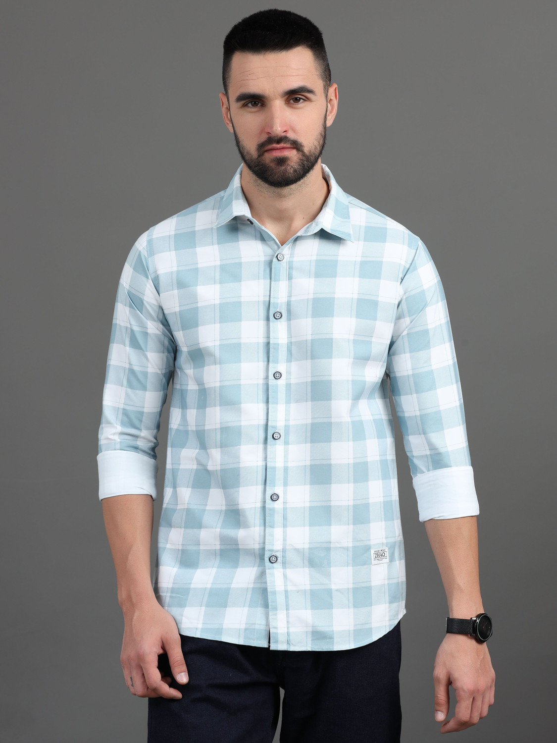 Image of CAZZBA Men Regular Fit Checkered Cut Away Collar Casual Shirt