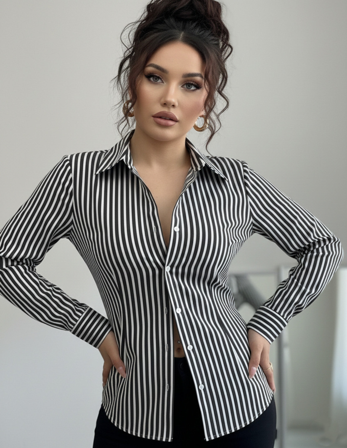 Image of MOONXS Women Slim Fit Striped Spread Collar Formal Shirt