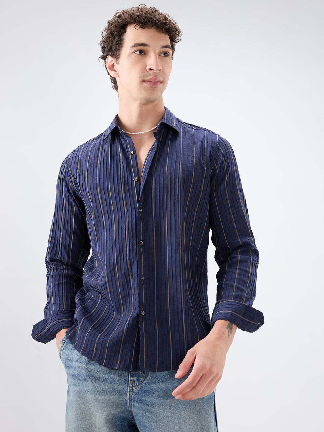 Image of VASTRADO Men Regular Fit Striped Cut Away Collar Casual Shirt