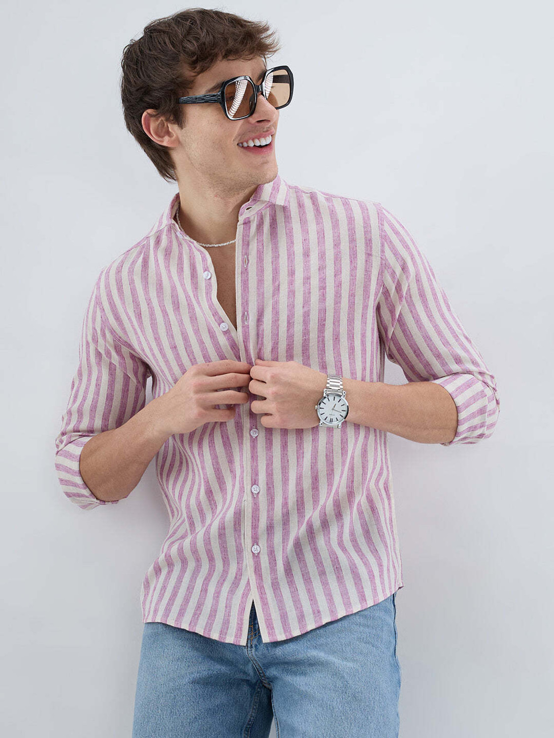 Image of VASTRADO Men Regular Fit Striped Cut Away Collar Casual Shirt