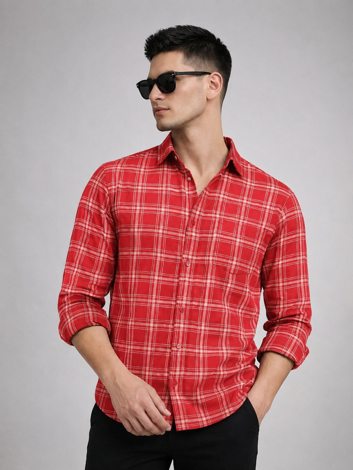 Image of Tanip Men Regular Fit Checkered Spread Collar Casual Shirt