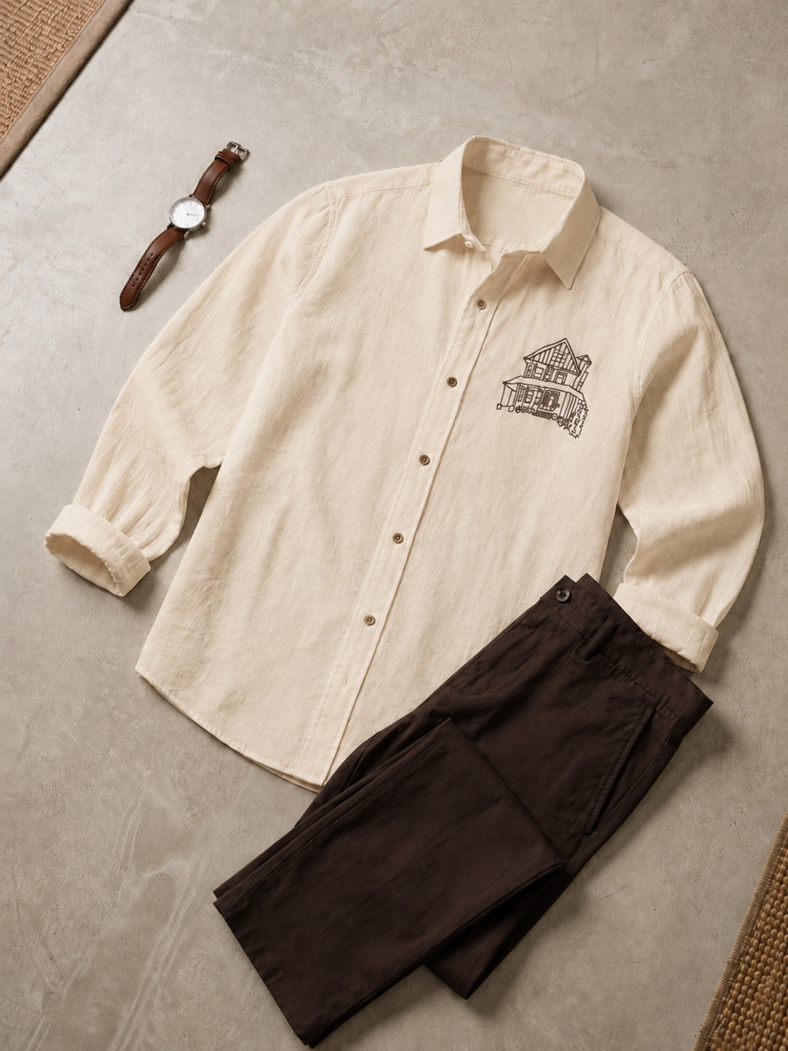 BE UNIQUE MENS Embroidered Beige, Brown Shirt - Image 4