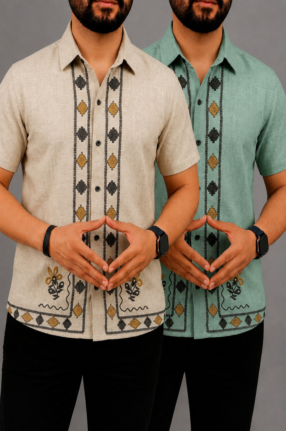 Image of COMBRAIDED Men Regular Fit Embroidered Spread Collar Casual Shirt