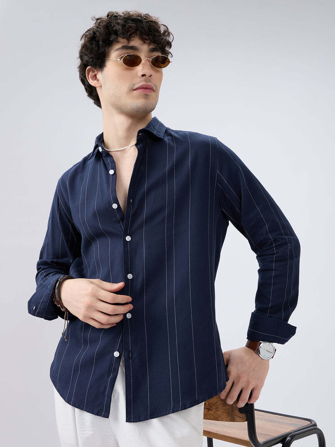 Image of VASTRADO Men Regular Fit Striped Cut Away Collar Casual Shirt