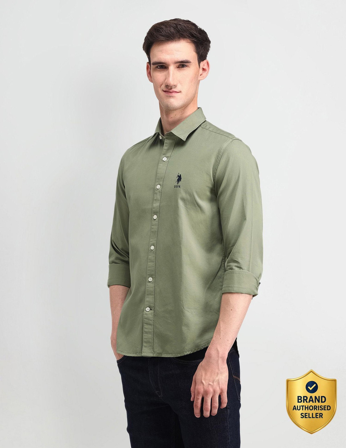 Image of U.S. POLO ASSN. Men Slim Fit Solid Spread Collar Casual Shirt