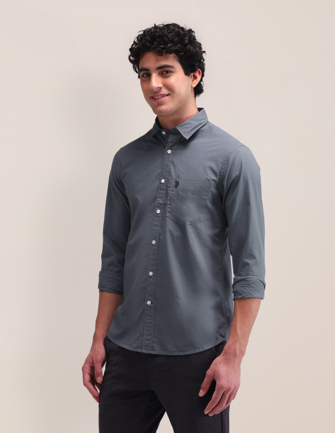 Image of U.S. POLO ASSN. Men Regular Fit Solid Spread Collar Casual Shirt