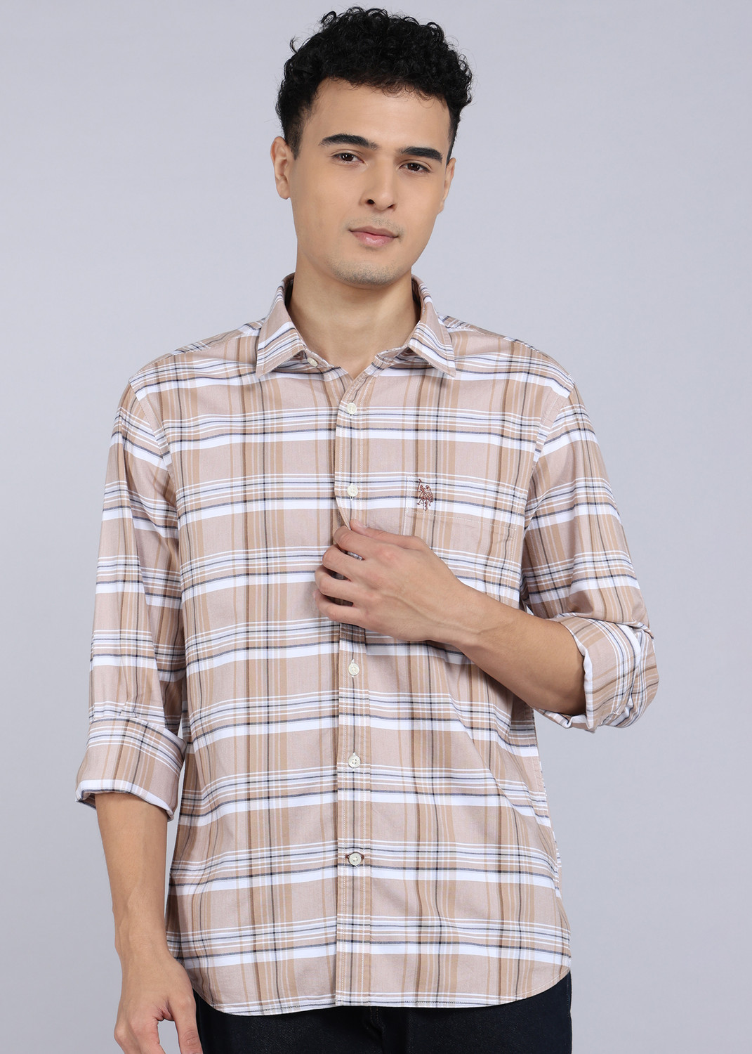Image of U.S. POLO ASSN. Men Regular Fit Checkered Spread Collar Casual Shirt