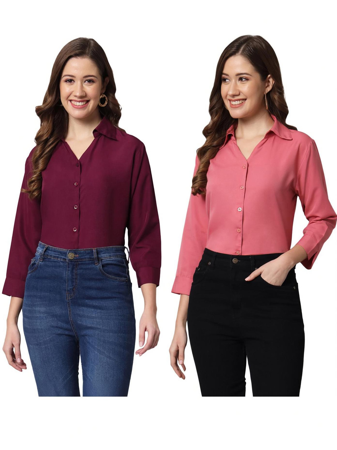 Image of GM SARA Women Regular Fit Solid Button Down Collar Formal Shirt (Pack of 2)